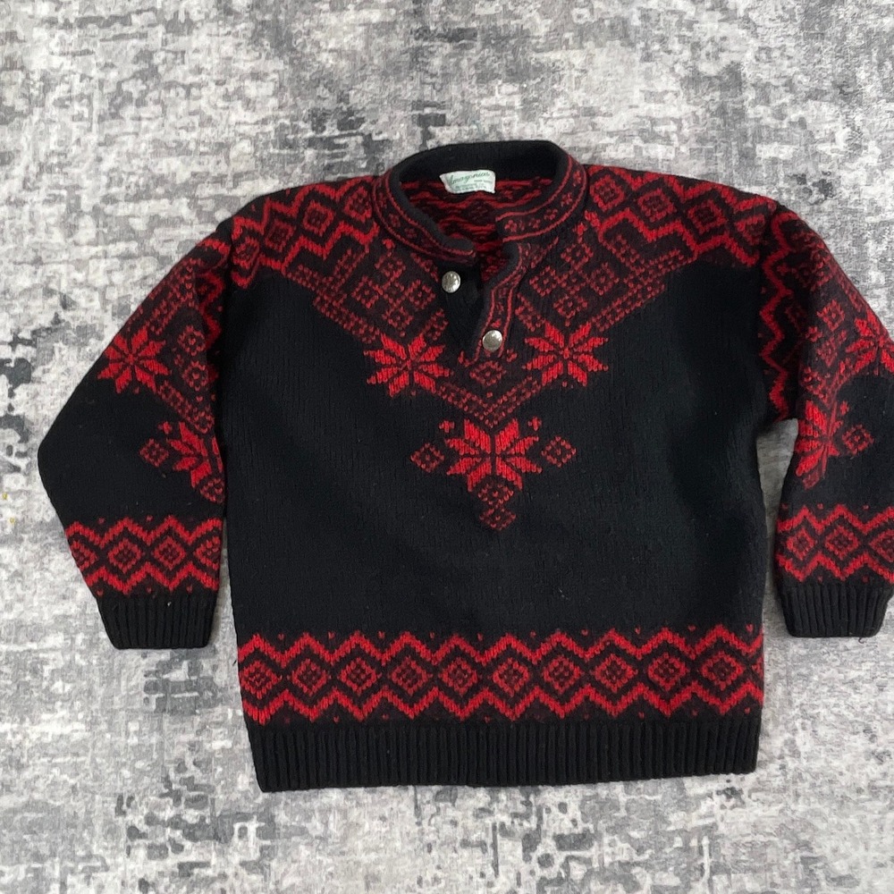 Vtg Amazonias Small Wool Knit Cardigan Nordic Fair Isle Geometric‎ Red Black